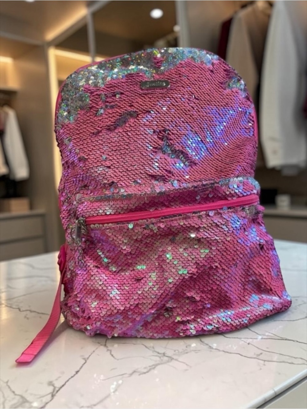 Justice Girls Pink Iridescent Flip Sequin Mini Backpack Adjustable Straps Barbie